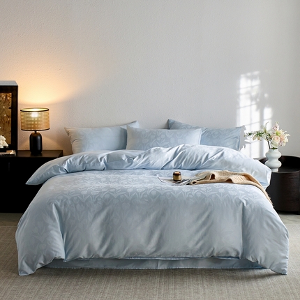 91家纺网 家纺一手货源 找家纺 亿梵家居 2025新款高端A类长绒棉四件套全棉提花轻奢全棉四件套 郁金香-晚波蓝