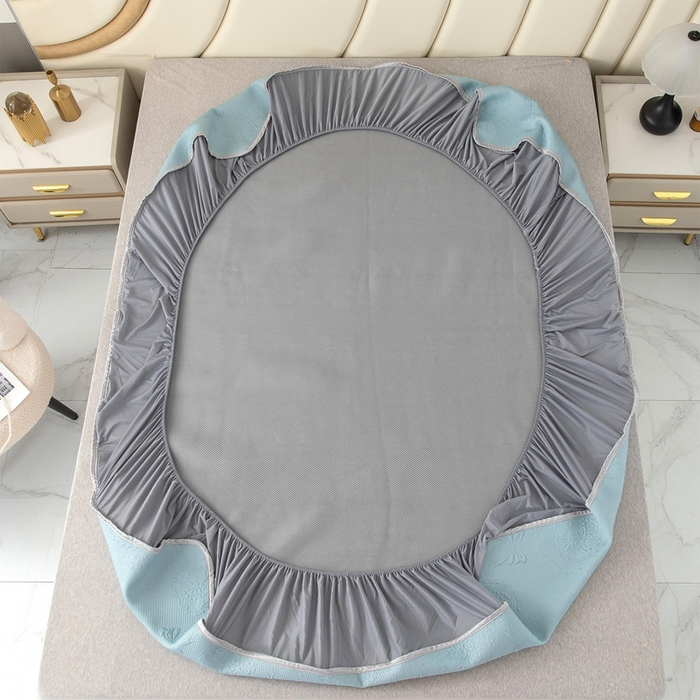 91家纺网 家纺一手货源 找家纺 乐居家纺 2025新款中分子PE凉感凉豆豆提花凉席床笠款 蓝色蝴蝶结