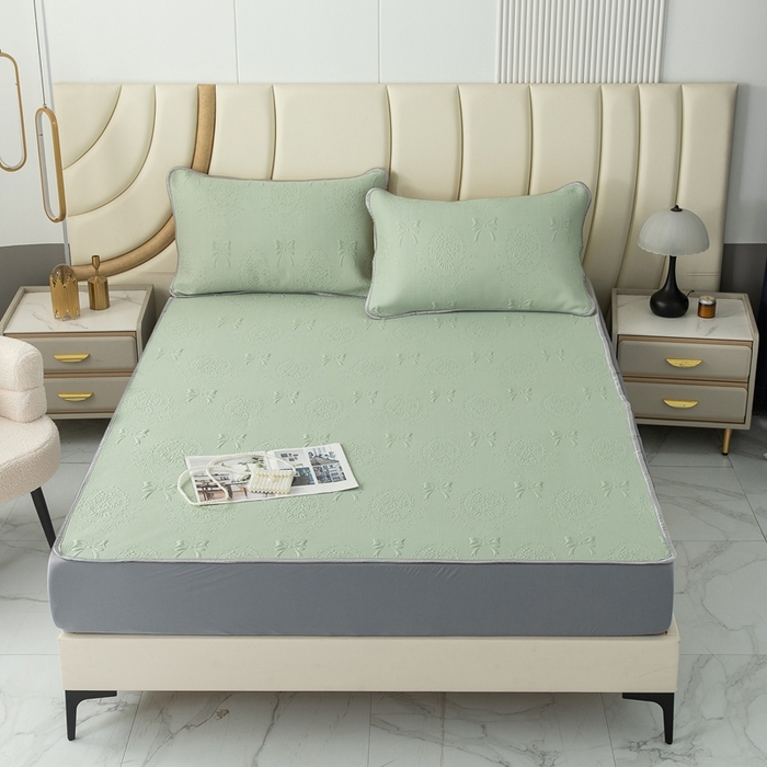 91家纺网 家纺一手货源 找家纺 乐居家纺 2025新款中分子PE凉感凉豆豆提花凉席床笠款 绿色蝴蝶结