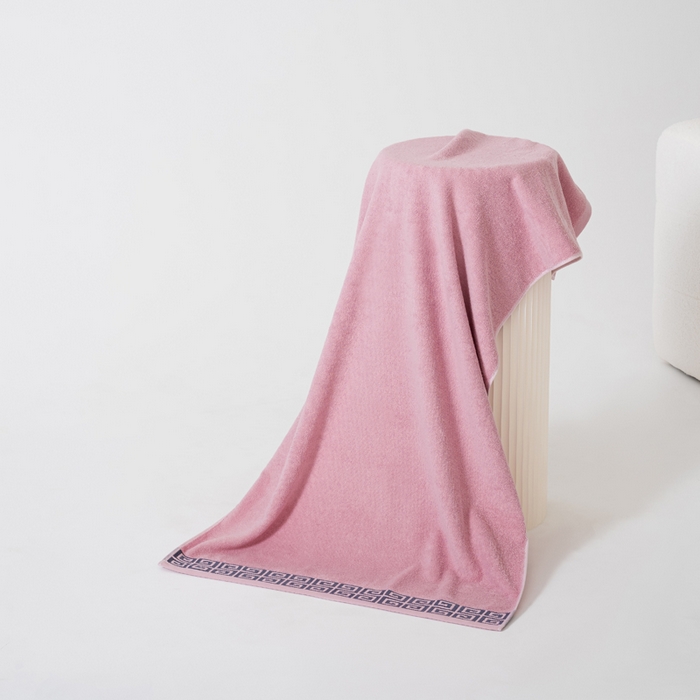 91家纺网 家纺一手货源 找家纺 2025新款中国风长城格纯棉毛巾全棉手巾纯棉毛巾浴巾套装 长城格毛巾1条装-合欢粉