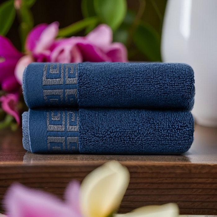91家纺网 家纺一手货源 找家纺 2025新款中国风长城格纯棉毛巾全棉手巾纯棉毛巾浴巾套装 长城格毛巾两条装-深海蓝
