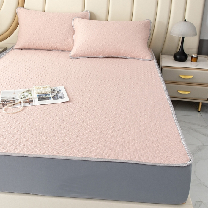 91家纺网 家纺一手货源 找家纺 乐居家纺 2025新款中分子PE凉感凉豆豆提花凉席床笠款 玉色爱心