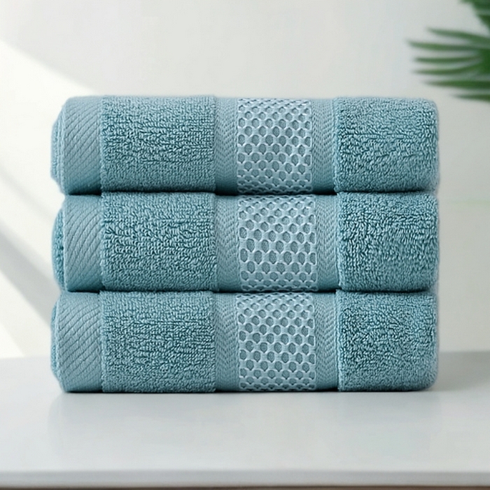 91家纺网 家纺一手货源 找家纺 2025新款蜂巢格纯棉毛巾浴巾两件套外贸跨境产品加厚全棉长绒棉毛巾浴巾套装 蜂巢格毛巾-天蓝3条装