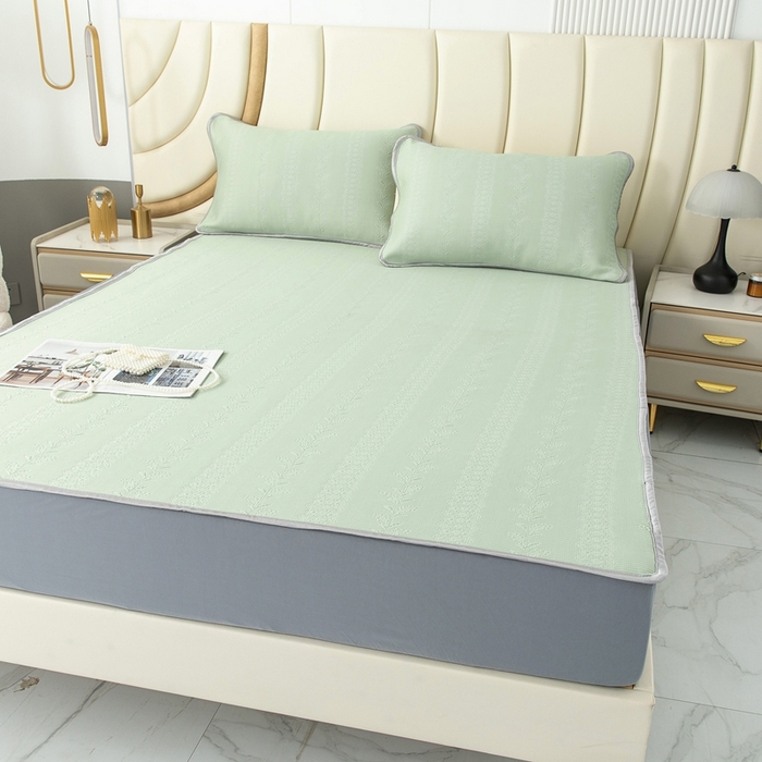 91家纺网 家纺一手货源 找家纺 乐居家纺 2025新款中分子PE凉感凉豆豆提花凉席床笠款 绿色-异形线条