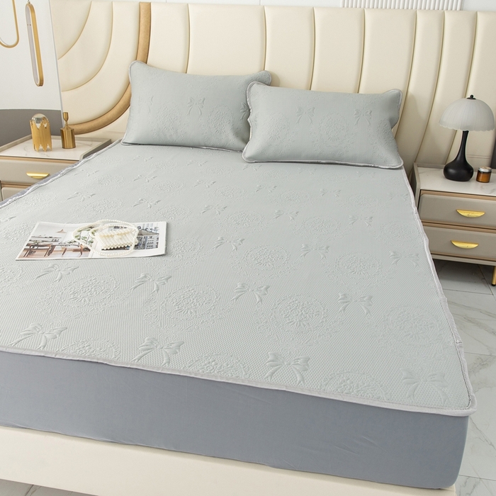 91家纺网 家纺一手货源 找家纺 乐居家纺 2025新款中分子PE凉感凉豆豆提花凉席床笠款 灰色-蝴蝶结