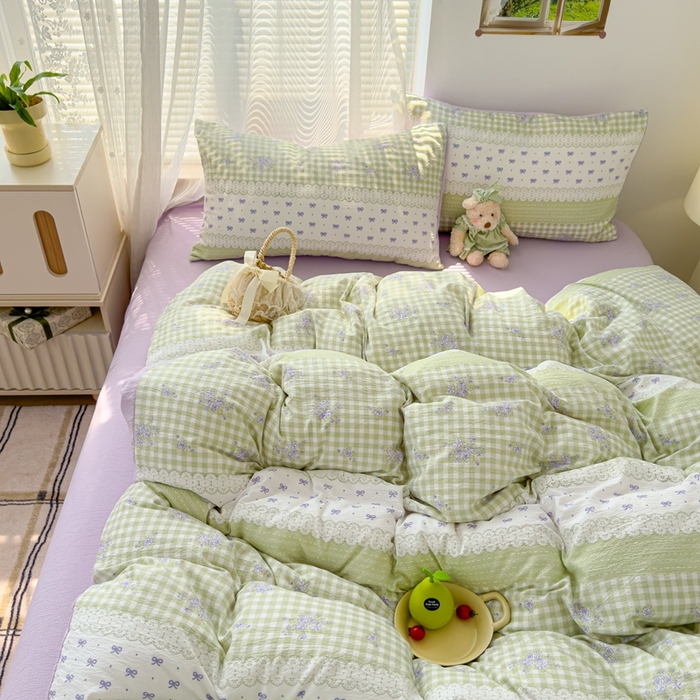 91家纺网 家纺一手货源 找家纺 竹合家纺 2025新品云感皱皱四件套跑量款小清新四件套 梦境-绿