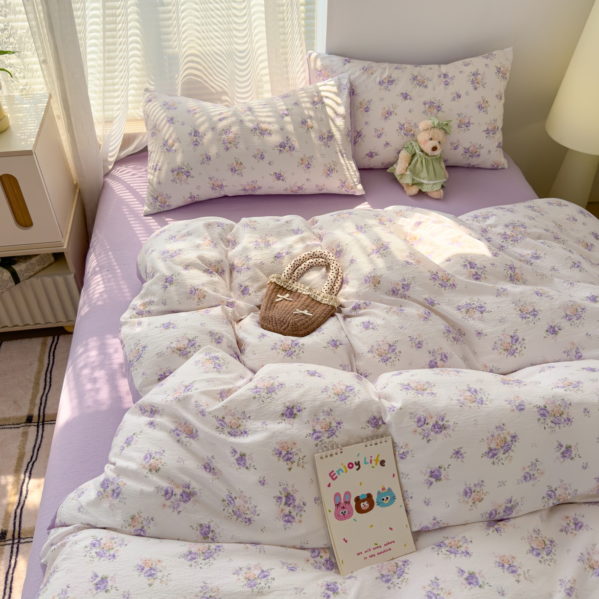 91家纺网 家纺一手货源 找家纺 竹合家纺 2025新品云感皱皱四件套跑量款小清新四件套 紫苏