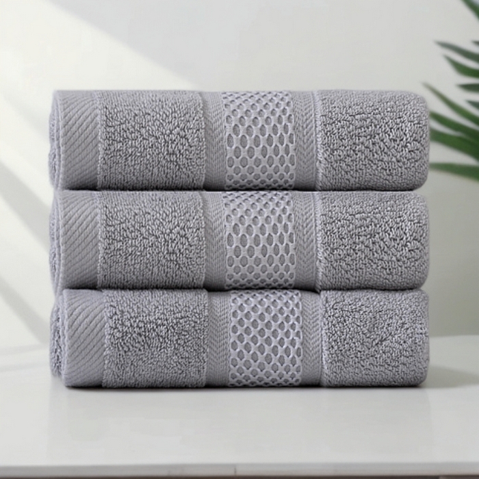 91家纺网 家纺一手货源 找家纺 2025新款蜂巢格纯棉毛巾浴巾两件套外贸跨境产品加厚全棉长绒棉毛巾浴巾套装 蜂巢格毛巾-浅灰3条装