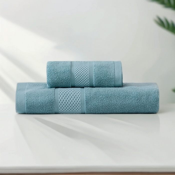 91家纺网 家纺一手货源 找家纺 2025新款蜂巢格纯棉毛巾浴巾两件套外贸跨境产品加厚全棉长绒棉毛巾浴巾套装 蜂巢格毛巾浴巾套装-天蓝
