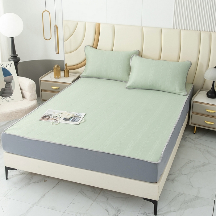 91家纺网 家纺一手货源 找家纺 乐居家纺 2025新款中分子PE凉感凉豆豆提花凉席床笠款 绿色-异形线条