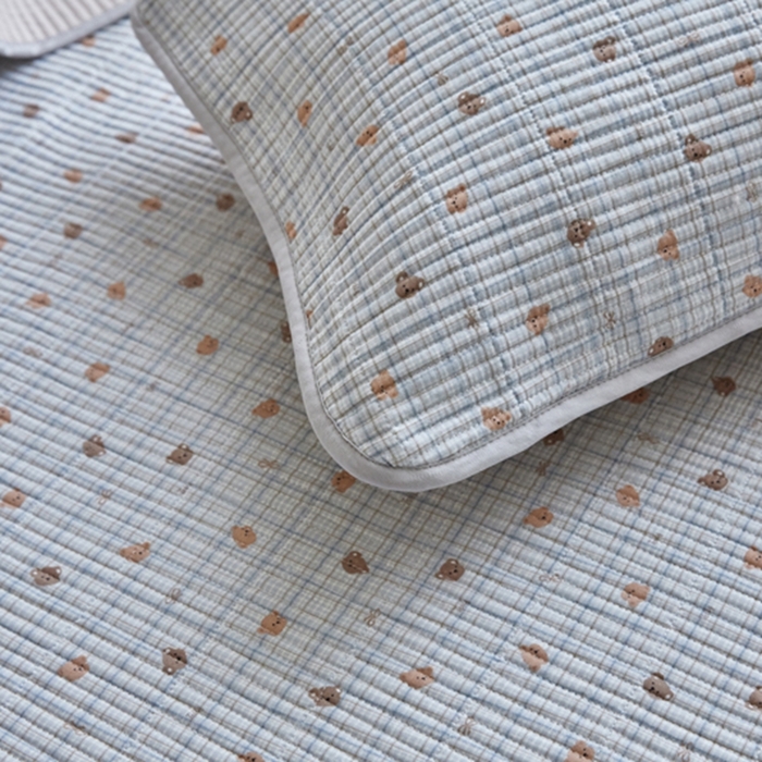 91家纺网 家纺一手货源 找家纺 亿梵家居 2025新款全棉纯棉双层纱床盖三件套A类母婴级纯棉床盖炕盖夹棉床单 韩系小熊-蓝