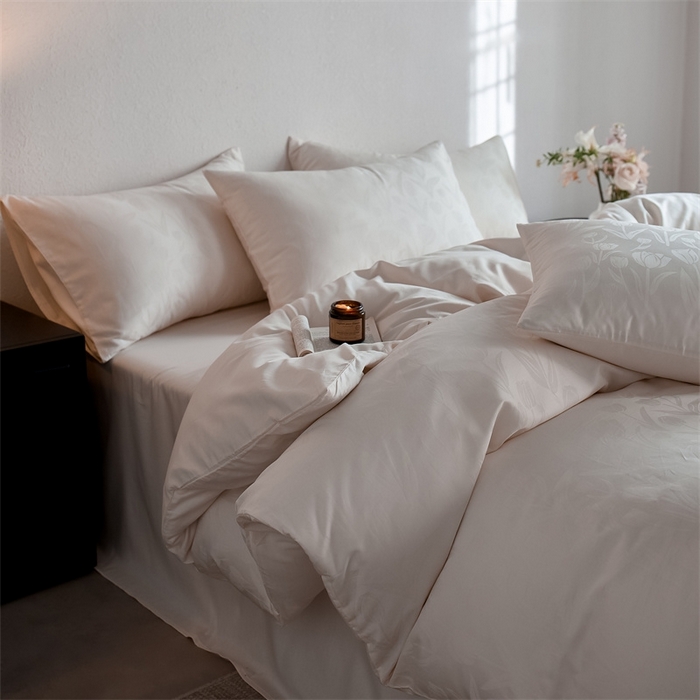 91家纺网 家纺一手货源 找家纺 亿梵家居 2025新款高端A类长绒棉四件套全棉提花轻奢全棉四件套 郁金香-奶油黄