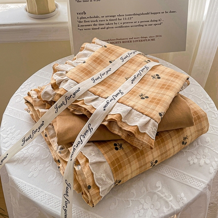 水墨江南 2025新款小清新水洗棉印花四件套 格子樱桃