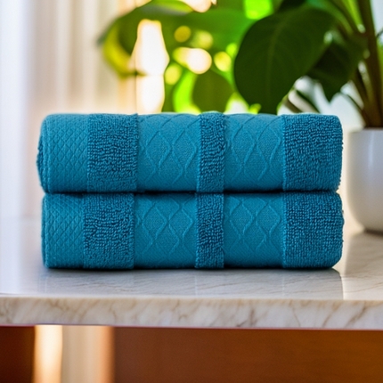 彩虹毛巾2025新款菱形格全棉加厚毛巾纯棉毛巾浴巾套装跨境外贸产品长绒棉毛巾浴巾套装 菱形格毛巾2条装-深蓝