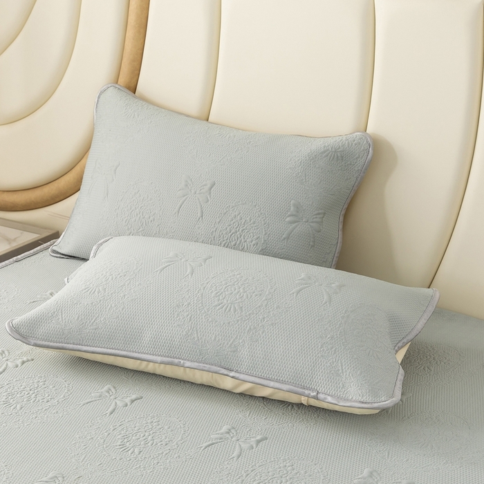 91家纺网 家纺一手货源 找家纺 乐居家纺 2025新款中分子PE凉感凉豆豆提花凉席床笠款 灰色-蝴蝶结