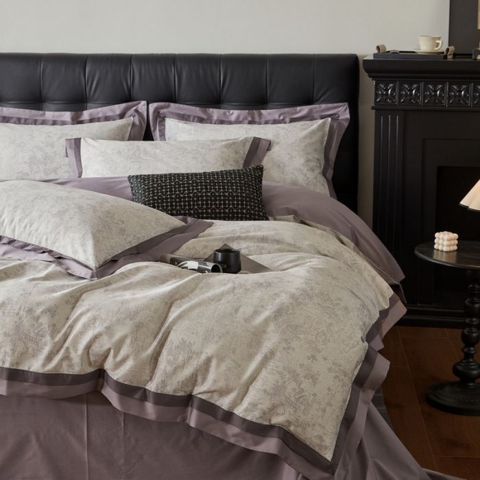 91家纺网 家纺一手货源 找家纺 由丽家纺 2025新款数码印花双层边拼角活性数码印花四件套（控价券后399起） 浮世-灰