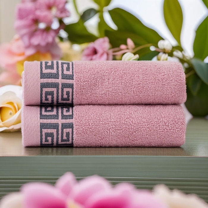 91家纺网 家纺一手货源 找家纺 2025新款中国风长城格纯棉毛巾全棉手巾纯棉毛巾浴巾套装 长城格毛巾两条装-合欢粉