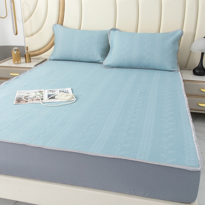 91家纺网 家纺一手货源 找家纺 乐居家纺 2025新款中分子PE凉感凉豆豆提花凉席床笠款 蓝色-异形线条