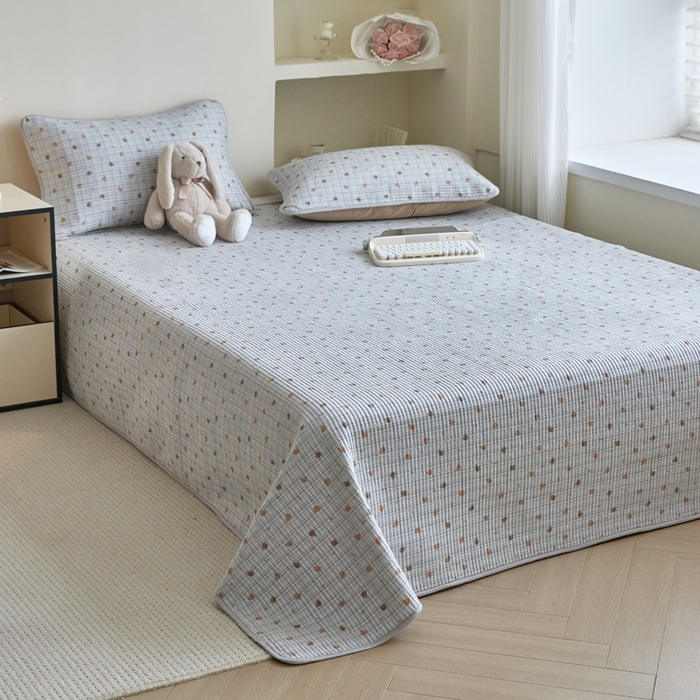 91家纺网 家纺一手货源 找家纺 亿梵家居 2025新款全棉纯棉双层纱床盖三件套A类母婴级纯棉床盖炕盖夹棉床单 韩系小熊-蓝