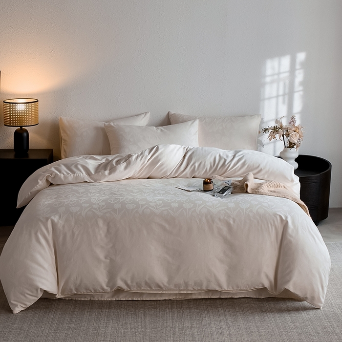 91家纺网 家纺一手货源 找家纺 亿梵家居 2025新款高端A类长绒棉四件套全棉提花轻奢全棉四件套 郁金香-奶油黄