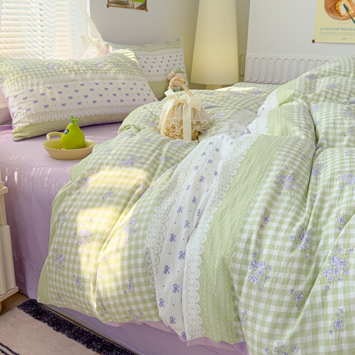 91家纺网 家纺一手货源 找家纺 竹合家纺 2025新品云感皱皱四件套跑量款小清新四件套 梦境-绿