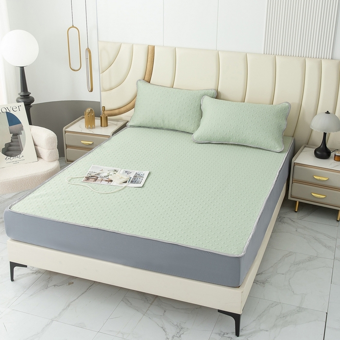 91家纺网 家纺一手货源 找家纺 乐居家纺 2025新款中分子PE凉感凉豆豆提花凉席床笠款 绿色爱心