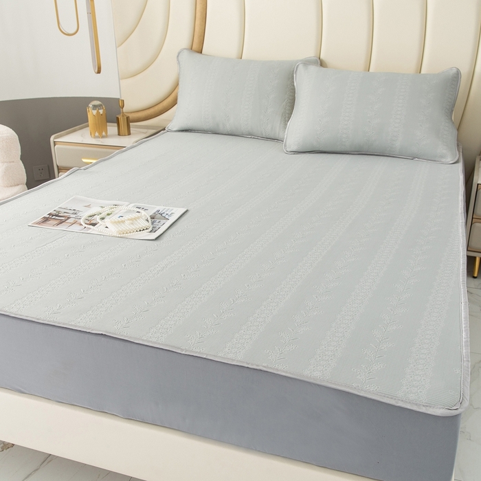 91家纺网 家纺一手货源 找家纺 乐居家纺 2025新款中分子PE凉感凉豆豆提花凉席床笠款 灰色-异形线条