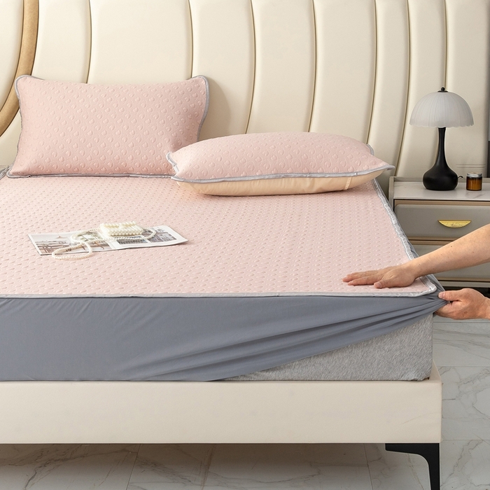 91家纺网 家纺一手货源 找家纺 乐居家纺 2025新款中分子PE凉感凉豆豆提花凉席床笠款 玉色爱心