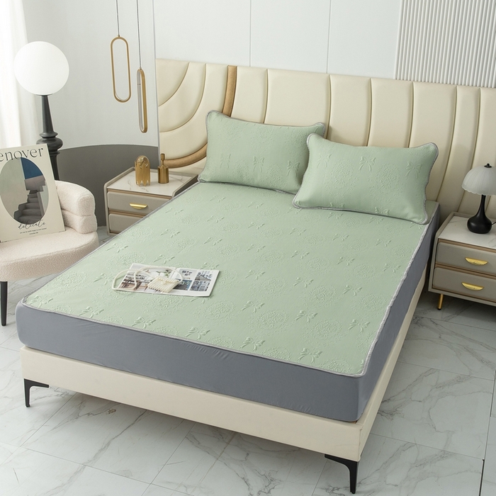 91家纺网 家纺一手货源 找家纺 乐居家纺 2025新款中分子PE凉感凉豆豆提花凉席床笠款 绿色蝴蝶结