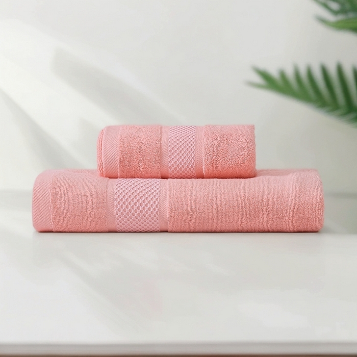 91家纺网 家纺一手货源 找家纺 2025新款蜂巢格纯棉毛巾浴巾两件套外贸跨境产品加厚全棉长绒棉毛巾浴巾套装 蜂巢格毛巾浴巾套装-樱粉