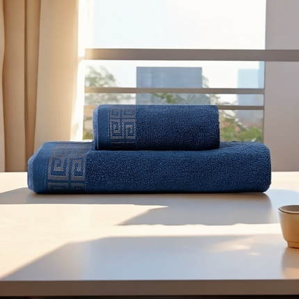 2025新款中国风长城格纯棉毛巾全棉手巾纯棉毛巾浴巾套装 长城格毛巾浴巾套装-深海蓝