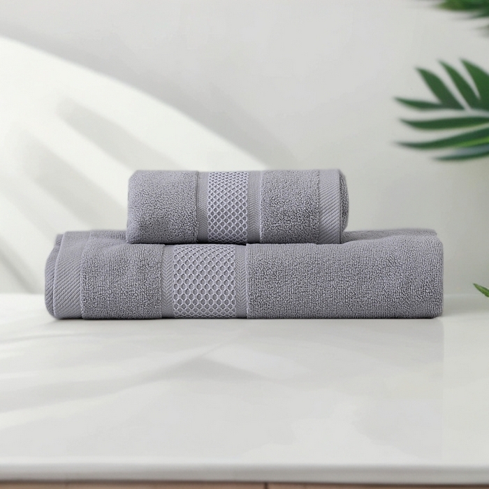 91家纺网 家纺一手货源 找家纺 2025新款蜂巢格纯棉毛巾浴巾两件套外贸跨境产品加厚全棉长绒棉毛巾浴巾套装 蜂巢格毛巾浴巾套装-浅灰