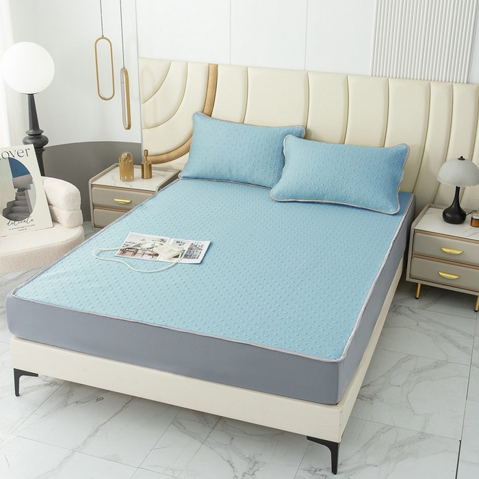 91家纺网 家纺一手货源 找家纺 乐居家纺 2025新款中分子PE凉感凉豆豆提花凉席床笠款 蓝色爱心