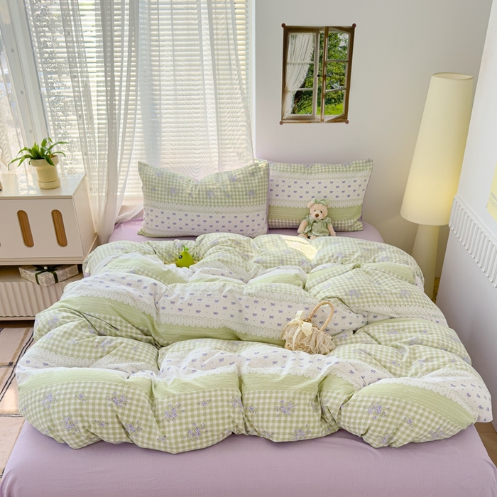 91家纺网 家纺一手货源 找家纺 竹合家纺 2025新品云感皱皱四件套跑量款小清新四件套 梦境-绿