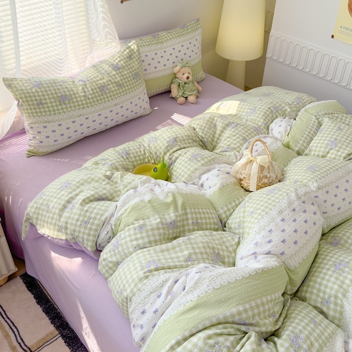 91家纺网 家纺一手货源 找家纺 竹合家纺 2025新品云感皱皱四件套跑量款小清新四件套 梦境-绿