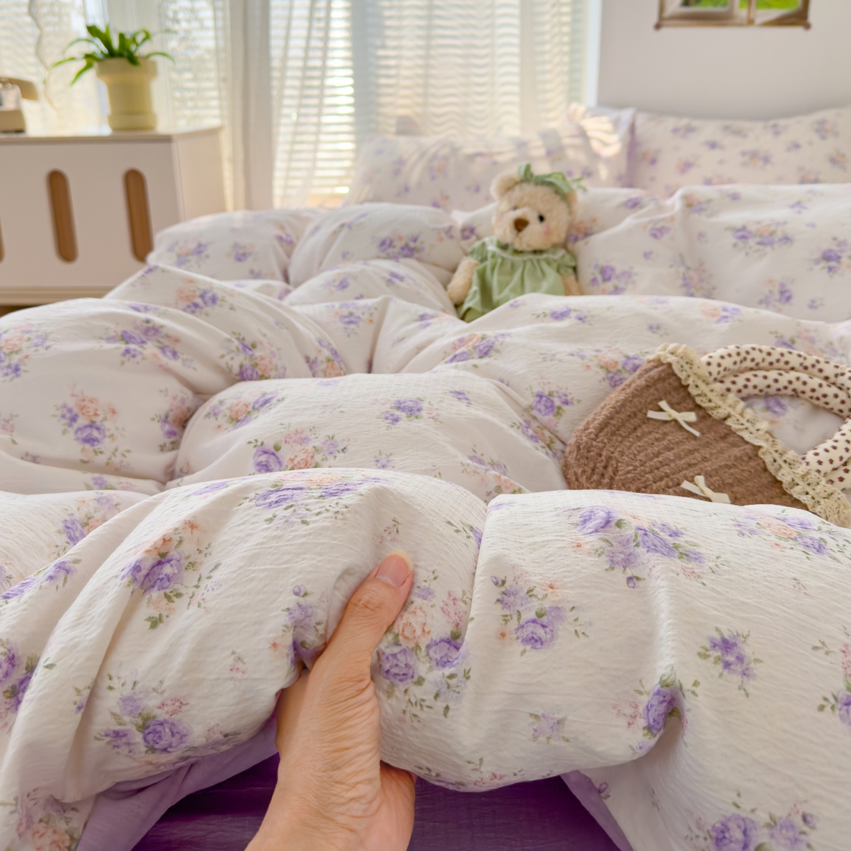 91家纺网 家纺一手货源 找家纺 竹合家纺 2025新品云感皱皱四件套跑量款小清新四件套 紫苏