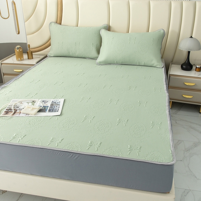 91家纺网 家纺一手货源 找家纺 乐居家纺 2025新款中分子PE凉感凉豆豆提花凉席床笠款 绿色蝴蝶结