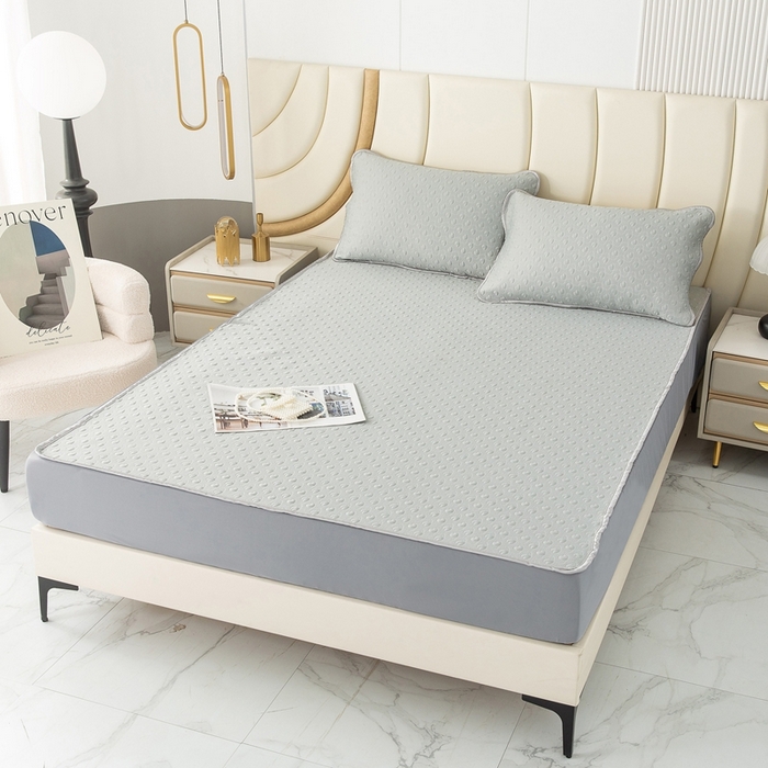 91家纺网 家纺一手货源 找家纺 乐居家纺 2025新款中分子PE凉感凉豆豆提花凉席床笠款 灰色爱心