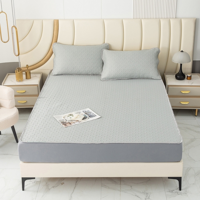 91家纺网 家纺一手货源 找家纺 乐居家纺 2025新款中分子PE凉感凉豆豆提花凉席床笠款 灰色爱心