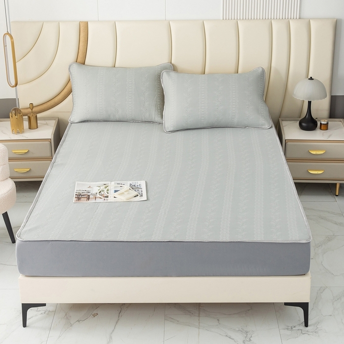 91家纺网 家纺一手货源 找家纺 乐居家纺 2025新款中分子PE凉感凉豆豆提花凉席床笠款 灰色-异形线条