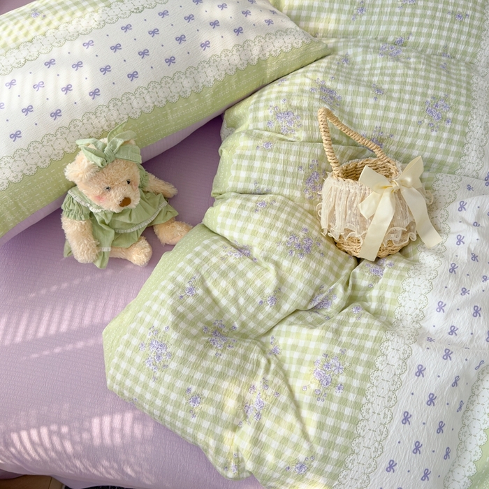 91家纺网 家纺一手货源 找家纺 竹合家纺 2025新品云感皱皱四件套跑量款小清新四件套 梦境-绿