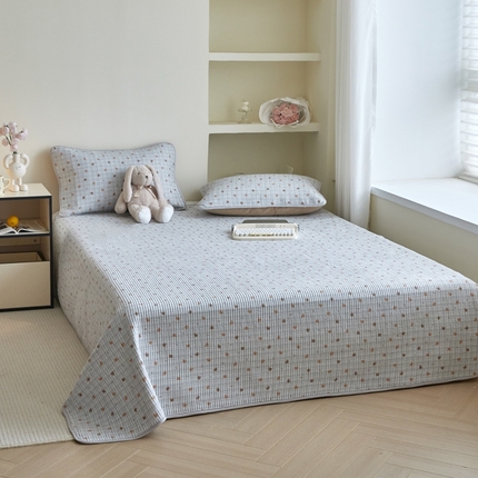 亿梵家居 2025新款全棉纯棉双层纱床盖三件套A类母婴级纯棉床盖炕盖夹棉床单 韩系小熊-蓝