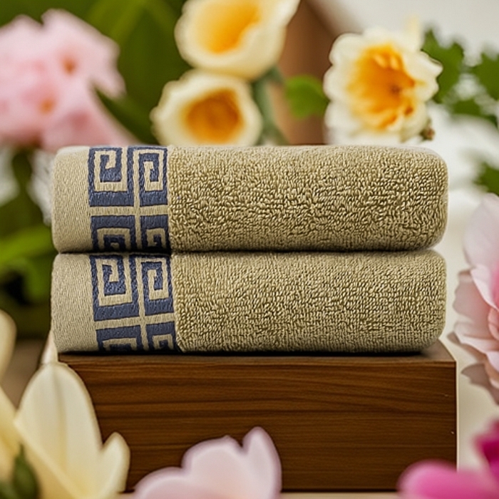 91家纺网 家纺一手货源 找家纺 2025新款中国风长城格纯棉毛巾全棉手巾纯棉毛巾浴巾套装 长城格毛巾两条装-卡其黄
