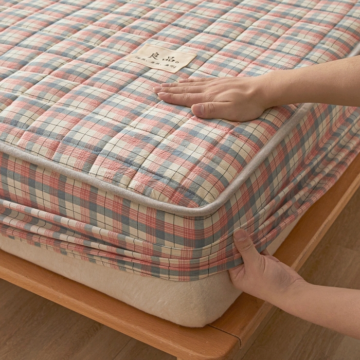 91家纺网 家纺一手货源 找家纺 伊人坊 2025新款A类全棉色织水洗棉大豆夹棉床笠 森屿 粉蓝