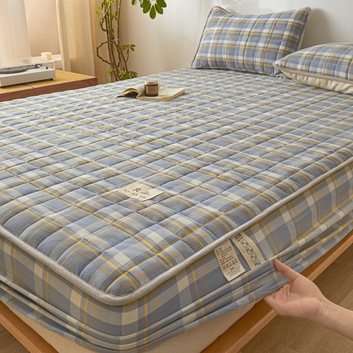 91家纺网 家纺一手货源 找家纺 伊人坊 2025新款A类全棉色织水洗棉大豆夹棉床笠 森屿 咖蓝