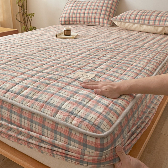 91家纺网 家纺一手货源 找家纺 伊人坊 2025新款A类全棉色织水洗棉大豆夹棉床笠 森屿 粉蓝