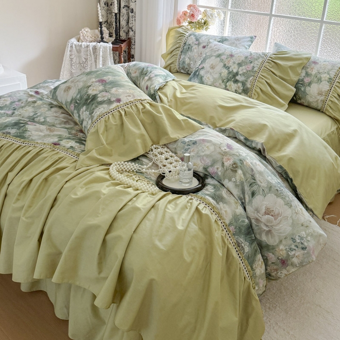 91家纺网 家纺一手货源 找家纺 亲亲公主 2025新款全棉法式宽花边四件套-玫瑰庄园 玫瑰庄园一抹茶绿