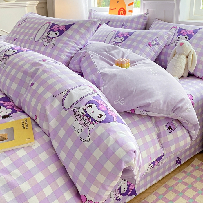 91家纺网 家纺一手货源 找家纺 爱丽丝 2025新款正版授权三丽鸥全棉40支13372单被套 格子库洛米