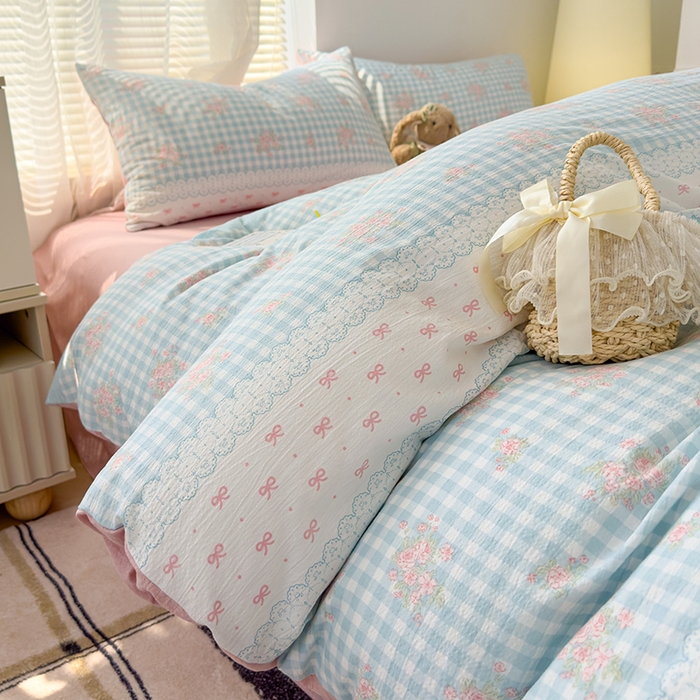 91家纺网 家纺一手货源 找家纺 竹合家纺 2025新品云感皱皱四件套跑量款小清新四件套 梦境-蓝