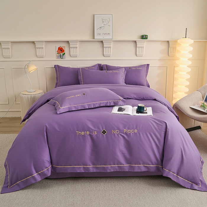 宇彬家纺 2025直播热新款13374全棉母婴级压线一字绣宽边被套纯色刺绣四件套贡缎新疆长绒字母轻奢 暖系列-典雅紫